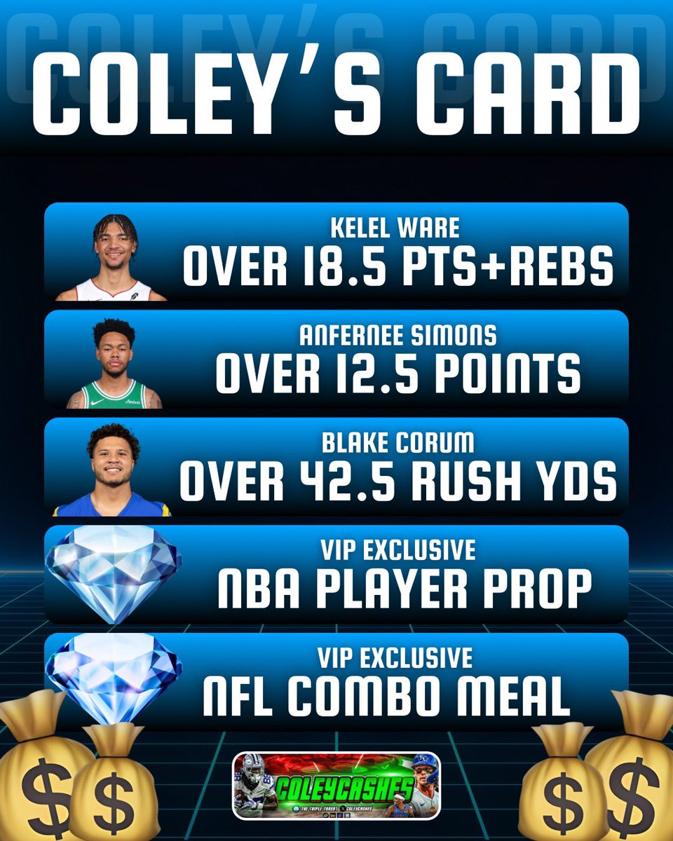 🍬 NBA x 🏈 NFL SATURDAY BETTING CARD: 

$50 TO SOMEONE THAT FOLLOWS 🫂 &amp; COMMENTS 💬 &amp; REPOSTS ♻️ IF WE GO 5/5 ON THIS BEAUTIFUL DAY! 

• Kel’el Ware “O” 18.5 Points+Rebounds (-130) 
• Anfernee Simons “O” 12.5 Points (-125) w/ <a href="/PropKitchen/">PropKitchen 🧑‍🍳</a> 👨‍🍳 
• Blake Corum “O” 42.5 Rushing