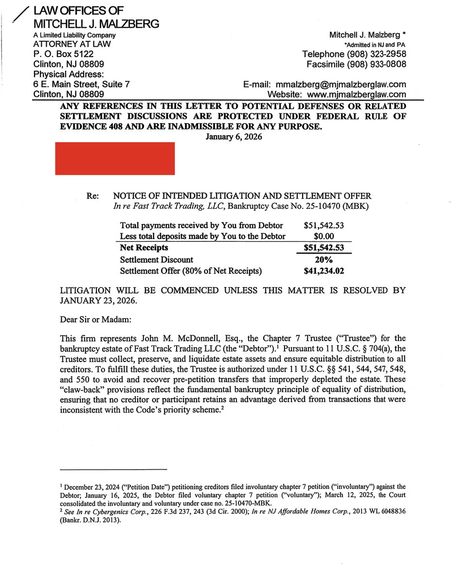 JCDayTrader1111's tweet photo. FTT collapsing was bad enough. Now a class action that was supposed to help traders is making things worse. When it’s all said and done, each trader may see around $100 while lawyers take 30–50% of anything recovered. I received a clawback letter today demanding repayment of legit trading payouts. For the record, I never received a single affiliate payout, and I was also owed a final trading payout that was never paid. That was rug-pulled. The real question is simple: what did this lawsuit actually do to help traders? Looks like lawyers won, not traders.  Documents shared for awareness. Liability is disputed and no wrongdoing is alleged.  I’ll most likely join the group lawyer that @Kellyanntrades is graciously organizing to help traders push back and dispute all of this -- @jmutrades @strieste79