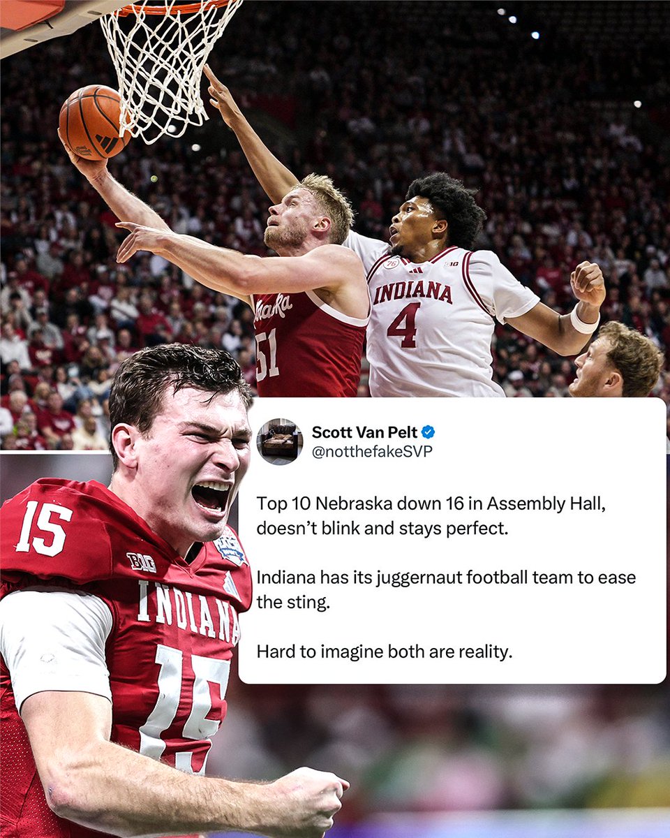 🏀 Nebraska 16-0 in men’s basketball.

🏈 Indiana 15-0 in football.

Who would have predicted that, <a href="/notthefakeSVP/">Scott Van Pelt</a> ⁉️