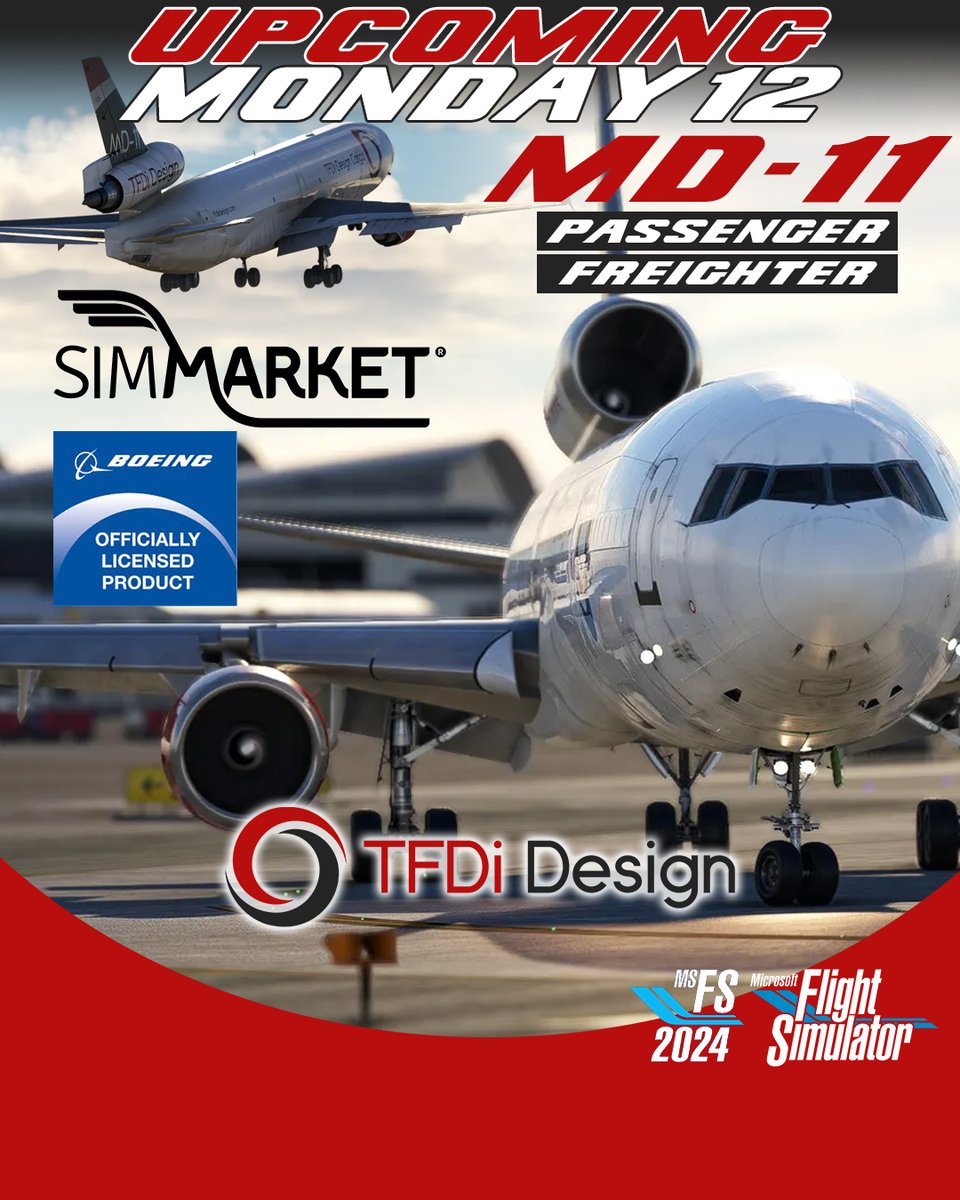 simflight's tweet image. ✈️ TFDi Design – MD-11 Passenger &amp;amp; Freighter for MSFS24/20
upcoming  at 🛒#SIMMARKET

📅 January 12th, 2026
🎥 youtu.be/v6Z7Xr_mdRc

⭐ Feat:
Ultra HD cockpit • Advanced FMS with SID/STAR • Authentic MD-11 quirks • PW &amp;amp; GE engines • Echo 19 Audio • Passenger &amp;amp; freighter