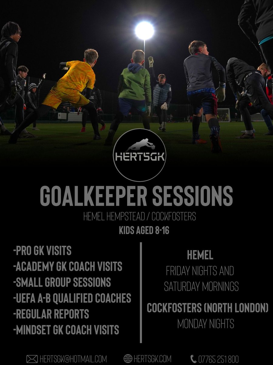 🧤 U9-16 GOALKEEPER SESSIONS

Weekly goalkeeper sessions up and running now also in Cockfosters (North London) alongside our established Hemel programme.

✔️ Elite GK coaching
✔️ Small group sessions
✔️ Academy &amp; Pro GK visits
✔️ UEFA qualified coaches
✔️ Ages 8–16