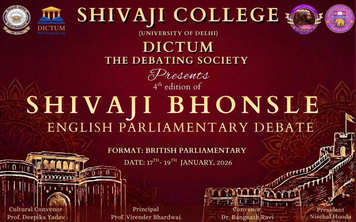 college_shivaji's tweet photo. Shivaji College proudly presents India’s Biggest English Parliamentary Debate 🇮🇳🎤
📅 17–19 January 2026
👥 80+ teams from across India
💰 Prize Pool: ₹1,19,000
#ShivajiCollege
#Dictum #ParliamentaryDebate #BritishParliamentary #NationalDebate @UnivofDelhi https://t.co/iD5ZoWPbrQ