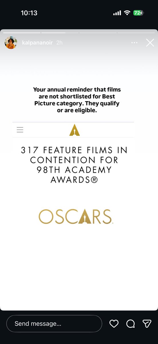 chhabs's tweet image. FYI to all the Indian filmmakers who are suddenly bragging that their films made the Best Picture shortlist and to all the clueless publications and journalists who publish stories without fact checking. h/t @kalpananair