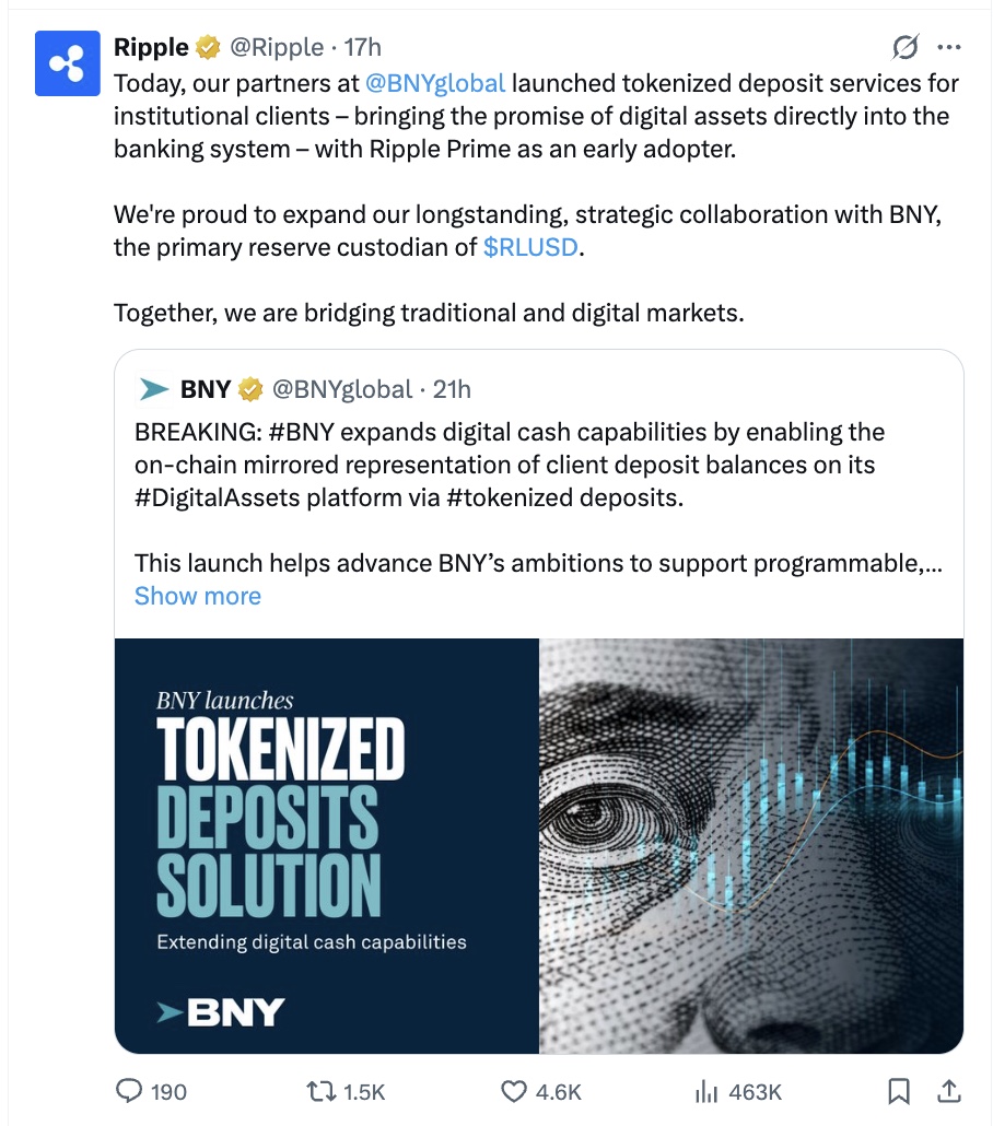 BOOM! 🚨 THIS IS BULLISH FOR $XRP

The oldest bank in America is moving cash on-chain and remember they picked Ripple to help do it

RLUSD custody. Tokenized flows. Institutional rails

XRP, XRP Ledger and RLUSD are part of the infrastructure layer

T R I L L I O N S