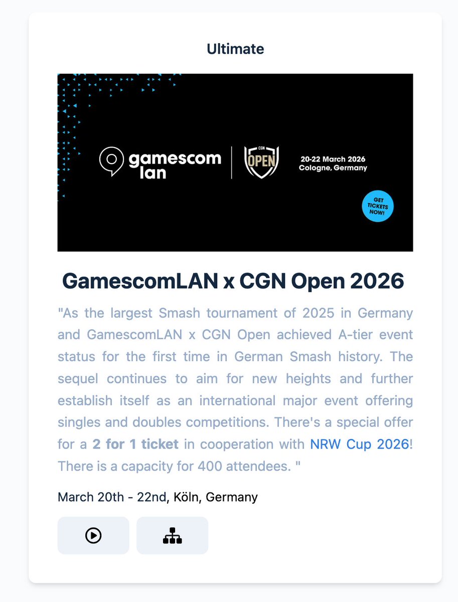 SmashEurope's tweet image. Today's event additions are all about German Ultimate majors 🇩🇪 🔥

GamescomLAN x CGN Open has a cap of 400  and NRW Cup 2026 has a cap of 512. 

You can get a 2 for 1 ticket to attend both events this spring 👊 Find these and other events on our website.