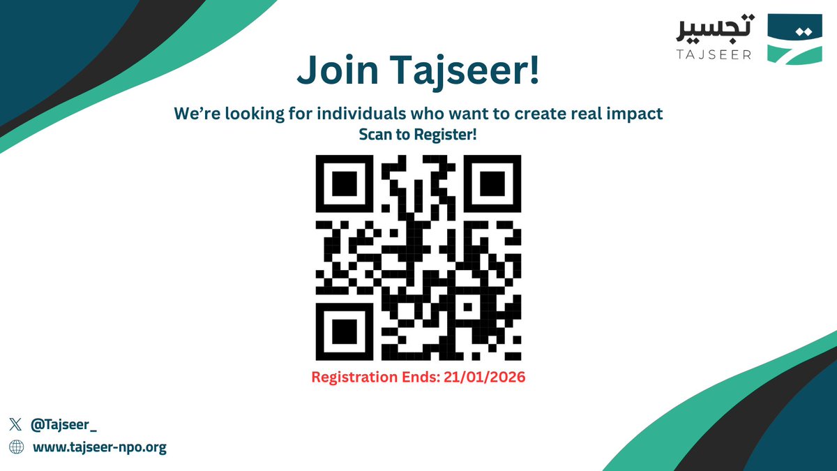 Tajseer_'s tweet photo. Tajseer, a @MiskKSA incubated non-profit, is opening registrations for individuals ready to contribute to real programs, and gain hands-on experience within a growing national initiative aligned with Vision 2030.

⏳ Closes: 21 Jan 2026
🔗 Apply: https://t.co/vvLJRs9CAf https://t.co/myxuiNRxvE