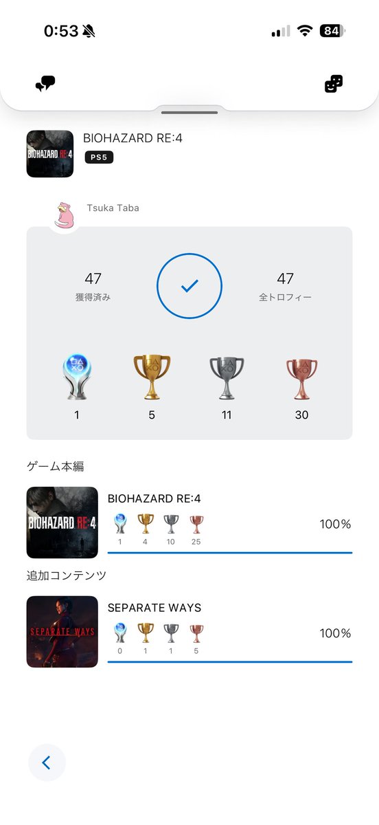 CiM4e0's tweet photo. BIOHAZARD RE:4 トロコン🎮
年始一発目のトロコンプ！
時間はかかったけど、救済措置が多くてストレスなく、最後まで楽しく遊べた😊 https://t.co/otKx2VDe9V