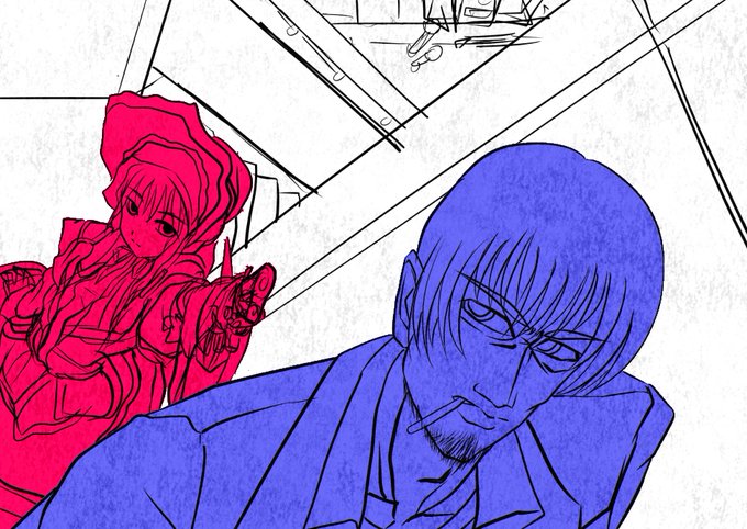 そしてもう二つ発掘した絵。
こっちは記憶にある。

真紅によく似た子がピストルもっておじさんを狙っている……的なw
もう一つは嵐が来ている日にご使用くださいw 