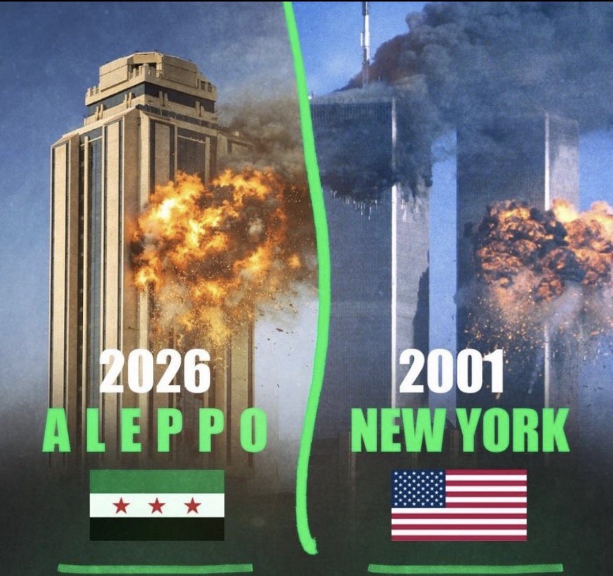 tarekNaemo's tweet image. From New York to Aleppo…
The place changes, the time changes, but the face is the same.

Yesterday, the World Trade Center towers were targeted—the heart of the global economy—and the message was clearer than fire itself: terrorism has no religion and no homeland.
Today, in…