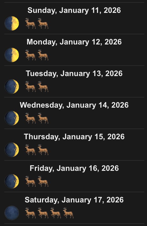 Deer Movement Moon Prediction  for the Week of January 11th - 17th

🌑 🦌 🦌 🦌 🦌 🦌🦌

For a more in-depth weather based prediction visit bigbuckregistry.com/deermove

For a moon based prediction visit bigbuckregistry.com/deermoon

Our newest addition try bigbuckregistry.com/weather