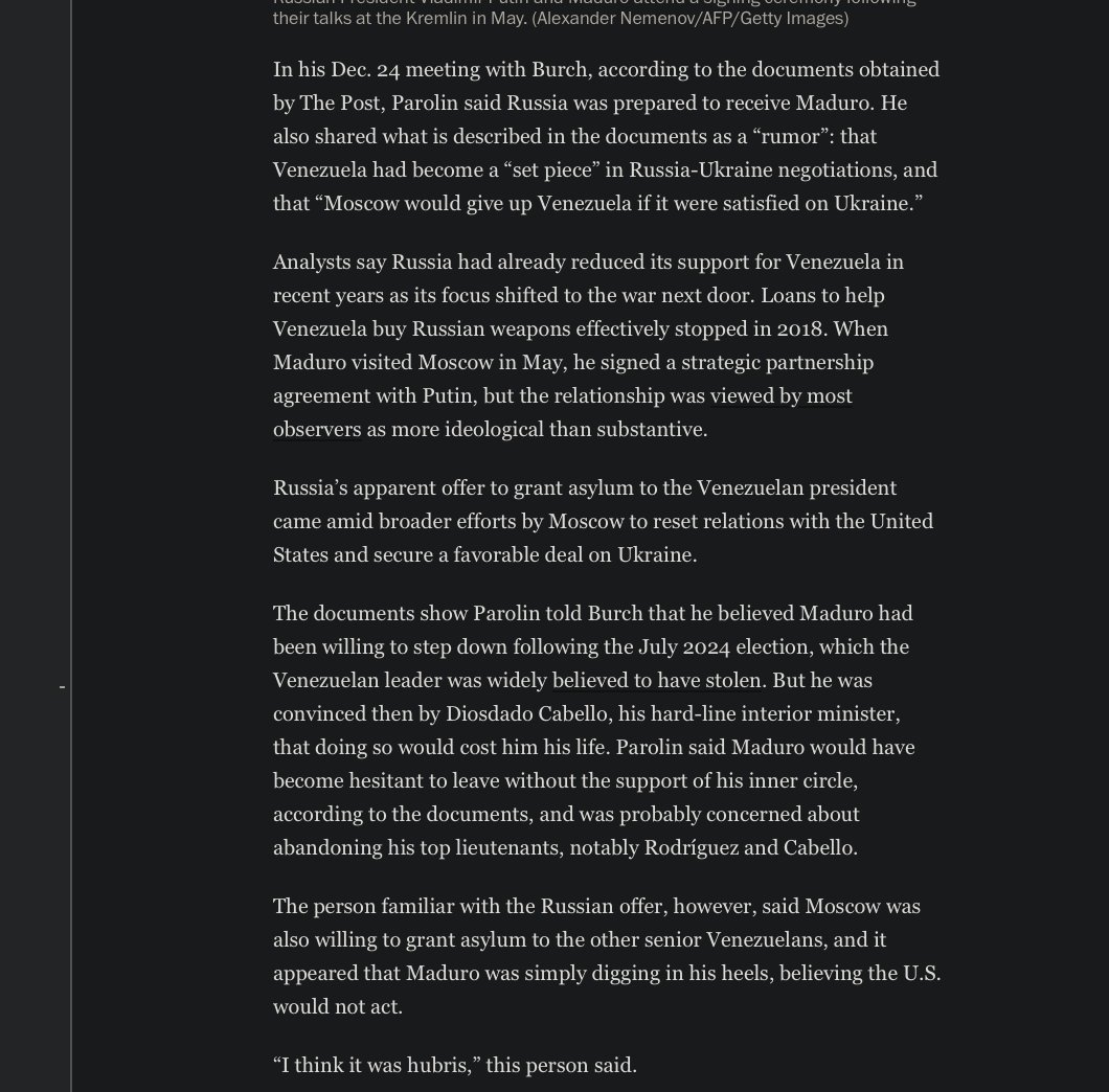 27khv's tweet image. The Washington Post reports that Russia had been quietly cutting Nicholas Maduro adrift for years (arms loans apparently dried up around 2018), and by late 2025 Moscow was basically offering him an exit ramp, via Vatican intermediaries: asylum in Russia, security guarantees, go…