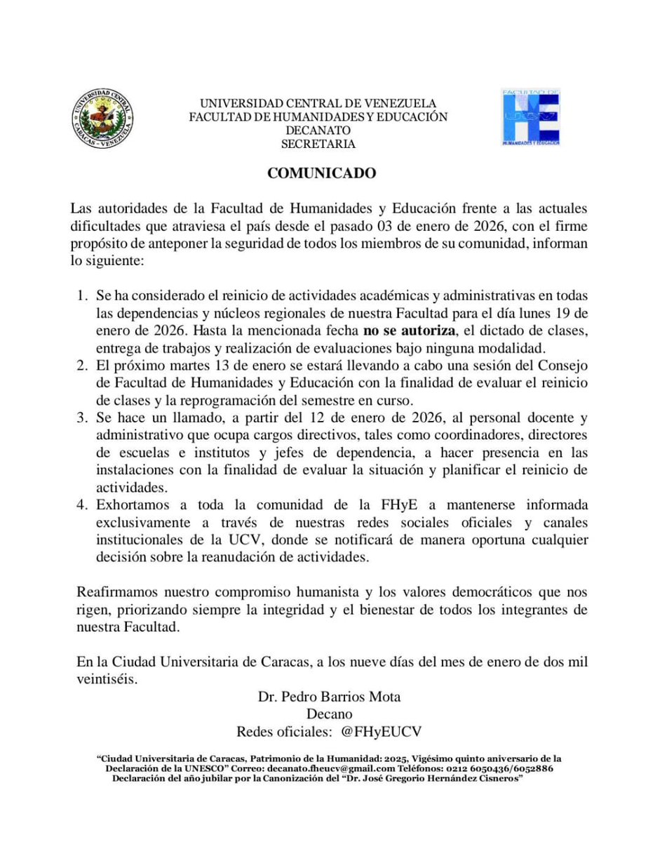 fhyeucv's tweet photo. COMUNICADO de las Autoridades @FHyEUCV debido a la compleja situación del país y por el reinicio de las actividades, se plantea para el próximo 19 de enero, sin embargo, se continúa evaluando la situación, en sesión del Consejo de Facultad del próximo 13 de enero.

@pmbarriosmo https://t.co/E8gnmtbMe9