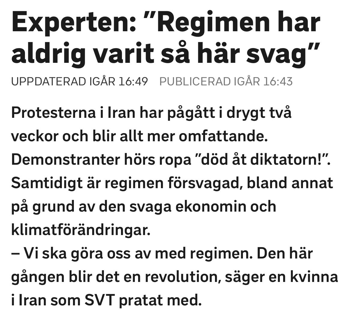 Detta är så otroligt dåligt. Nej det har ingenting med klimatförändringarna att göra. 

Med den logiken borde tex folket i Israel göra revolt. Varför funkar det där?

Det är regimens oförmåga att hantera grundläggande saker så som infrastruktur för vatten som leder dit Iran är.