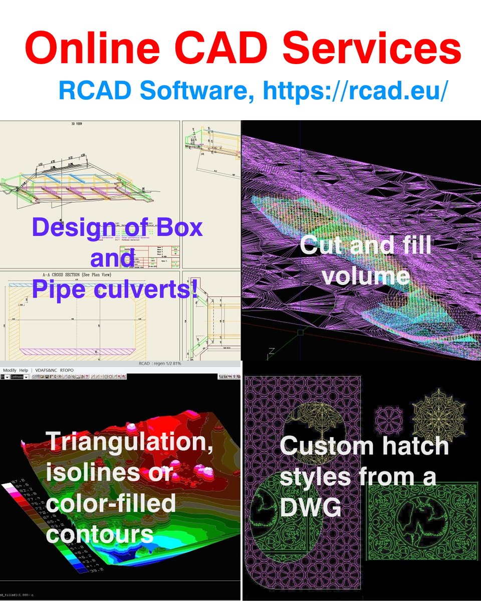 Online CAD  services for designers and surveyors! Designing a BOX or  PIPE culvert, Cut and fill volume, Triangulation, isolines or  color-filled contours, Custom Hatch style from a DWG and others!
#cadservice #civilengineering #onlineservices #cadsoftware