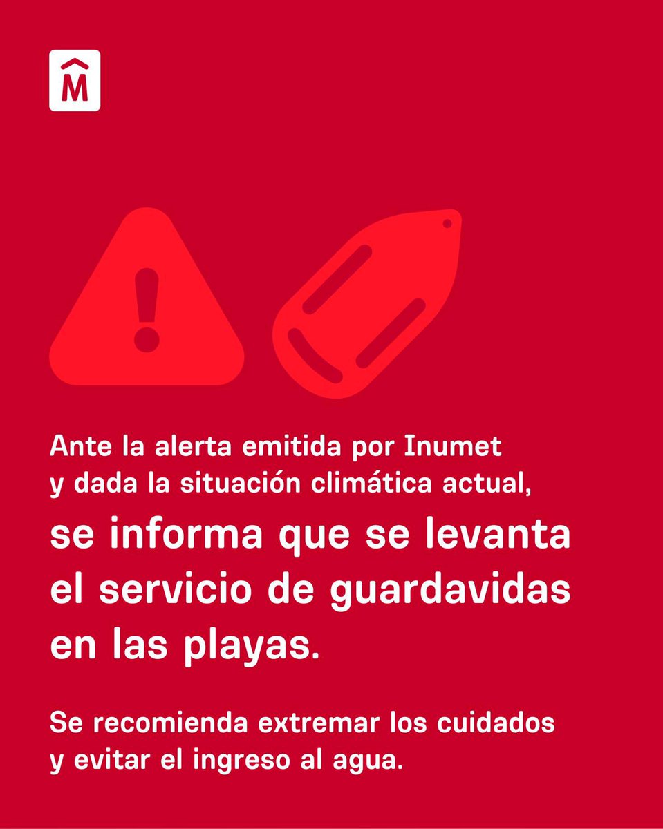 ⚠️ AVISO IMPORTANTE: Suspensión de Servicio de Guardavidas

Se recomienda no ingresar al agua y mantenerse alejados de las zonas de peligro.