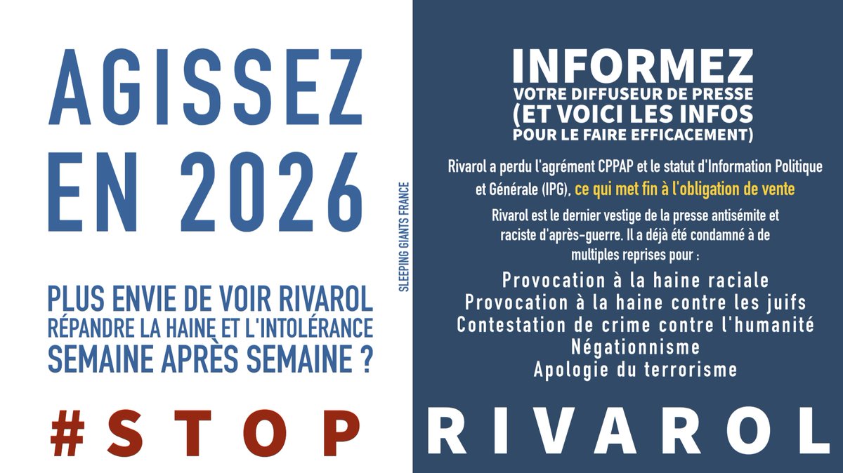 Commençons bien l'année !

L'hebdo antisémite, raciste, islamophobe, misogyne, LGBTphobe #Rivarol est encore en vente chez le marchand de journaux près de chez vous ? 
Prévenez-le que ce n'est plus une obligation. Et si vous ne pouvez/voulez pas le faire, contactez-nous en DM ✊