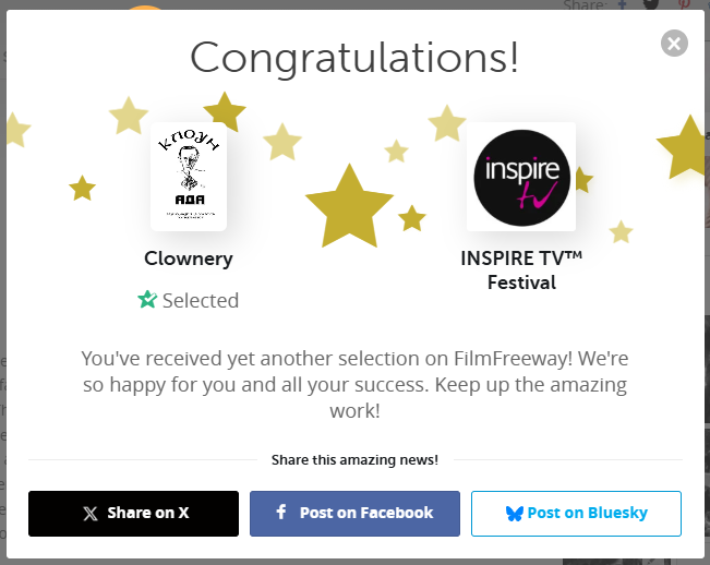Great news!
Our film "Clownery" has been officially selected for the Inspire-TV™ Festival. Agii Theodori, Corinthia, Greece
Bridges International Film Festival at Nafplio, Greece

<a href="/petra_terzi/">Petra Terzi - Filmmaker</a>
#visitgreece, #bridgesfilmfest, #bridgesfest, #inspiretv #agiitheodori #petrosophy