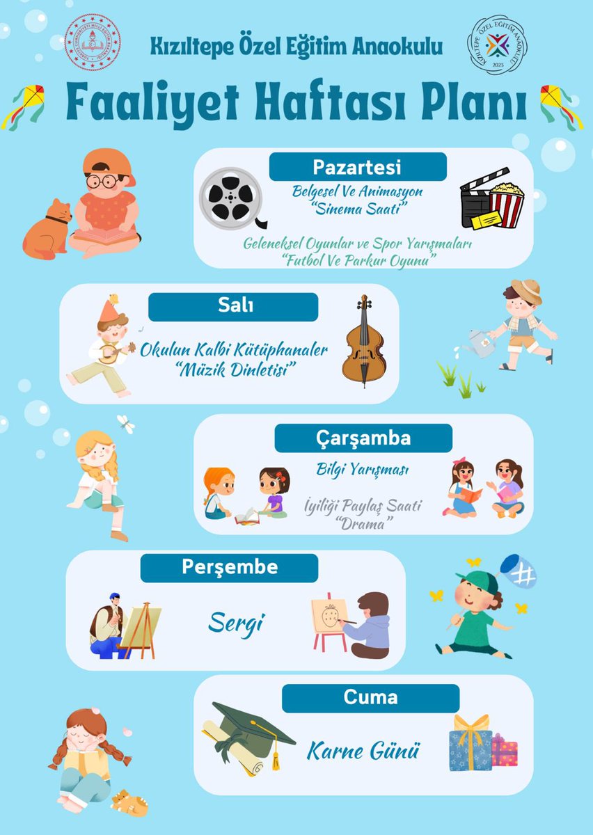 Dönem Sonu Faaliyet Haftası Planımız📽️🍿🎶
#faaliyethaftası 
<a href="/MebOrgm/">Özel Eğitim ve Rehberlik Hiz. Genel Müdürlüğü</a> 
<a href="/KiziltepeKymlk/">T.C. Kızıltepe Kaymakamlığı</a> 
<a href="/ali_eyyupkoca/">Ali Eyyupkoca</a> 
<a href="/akadirgms/">Abdulkadir Gümüş</a> 
<a href="/RustemCaki/">Rüstem Çakı</a> 
<a href="/turgutertas4/">T. Ertas</a>