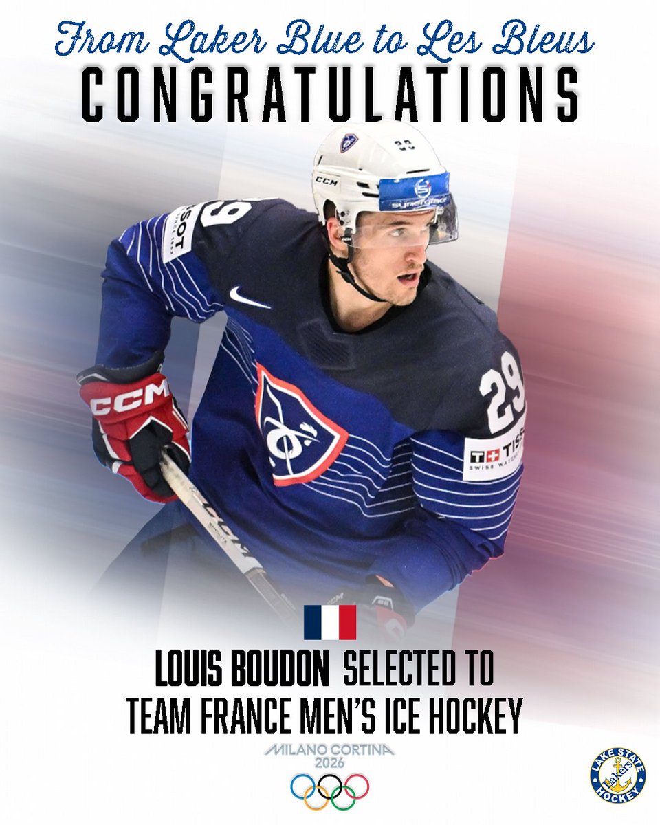 lakerhockey's tweet photo. From Laker Blue to Les Bleus 🇫🇷
Former Lake Superior State captain Louis Boudon has been named to Team France’s Men’s Ice Hockey roster for the 2026 Winter Olympics. We’re proud to see Louis represent his nation on hockey’s biggest stage.

Read more: https://t.co/9gqWb82F7F https://t.co/9dYlOT6jLt