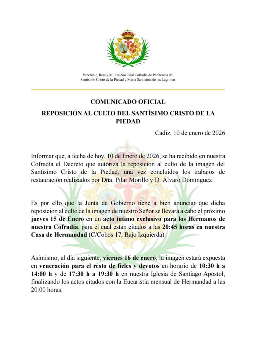 COMUNICADO OFICIAL | REPOSICIÓN AL CULTO SANTÍSIMO CRISTO DE LA PIEDAD
