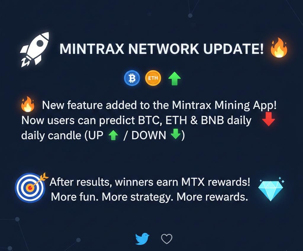 🚀 Mintrax Network Update!
🔥 New feature added to the Mintrax Mining App!
Now users can predict BTC, ETH &amp; BNB daily candle (UP ⬆️ / DOWN ⬇️)
🎯 After results, winners earn MTX rewards!
More fun. More strategy. More rewards. 💎
#Mintrax #MTX #CryptoMining #CryptoPrediction #BTC