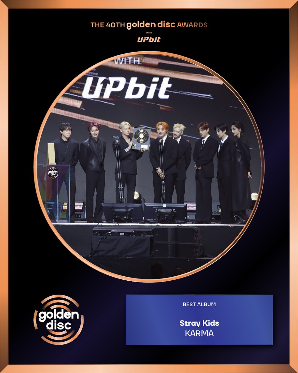 _GoldenDisc's tweet image. The 40th Golden Disc Awards with upbit🏆

BEST ALBUM
음반 본상 수상자

#StrayKids @Stray_Kids 

Please send your congratulations on this Golden Moment to be remembered forever.

영원히 기억될 황금빛 순간을 축하해주세요👏

#40thGDA #BESTALBUM
#골든디스크어워즈 #Goldendiscawards…