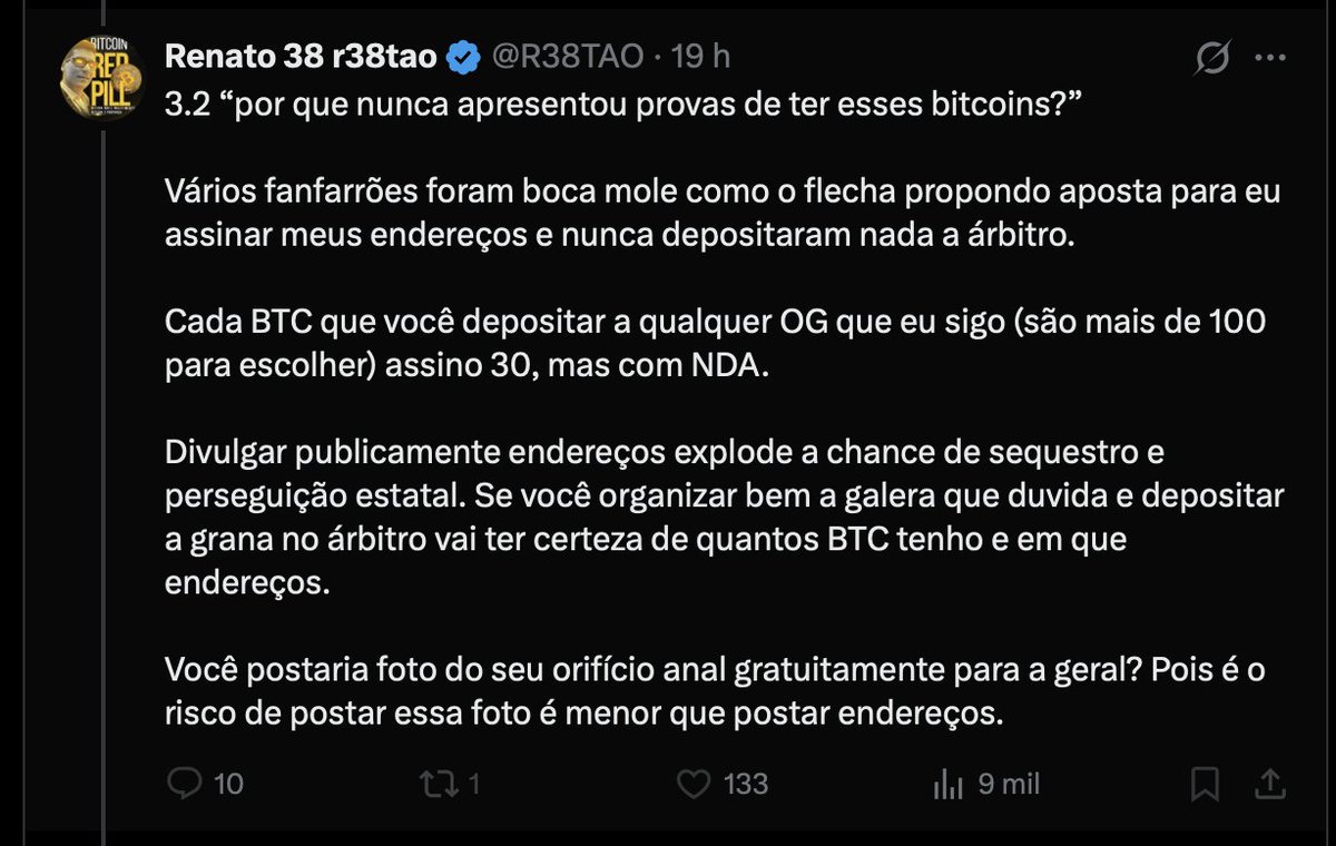 Então vc admite que bitcoin não é fungível @R38TAO e que a simples  descoberta do endereço de uma wallet te expoe a RISCO DE  SEQUESTRO?????????????? engraçado, meu endereço de MONERO (XMR) é