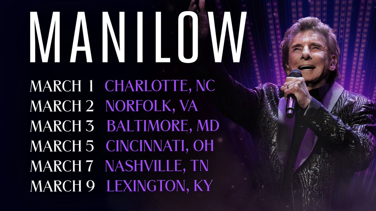 barrymanilow's tweet image. SURPRISE!!!  

Barry is feeling great…so great that he’s decided to add six additional concerts to his existing March schedule.
 
Barry will now visit Charlotte, Norfolk, Baltimore, Cincinnati, Nashville, and Lexington this March!

The Fan Club Pre-Sale begins Tuesday, January…