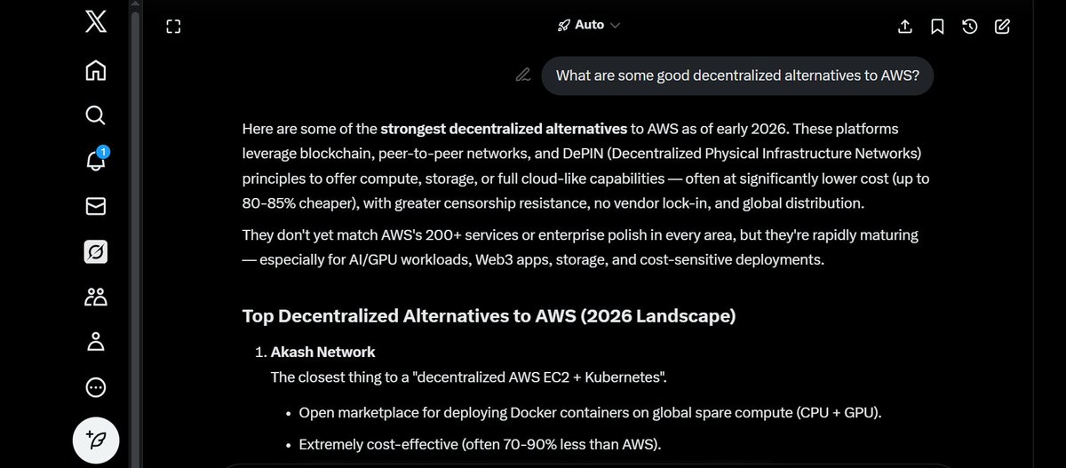 I also asked <a href="/deepseek_ai/">DeepSeek</a>, <a href="/grok/">Grok</a> (X) and <a href="/ChatGPTapp/">ChatGPT</a>  the same question:
 “What are the best decentralized alternatives to AWS?”
Every major AI model independently ranked <a href="/akashnet/">Akash Network</a> at the top.

That matters.

When neutral AI systems converge on the same answer, it’s a signal —