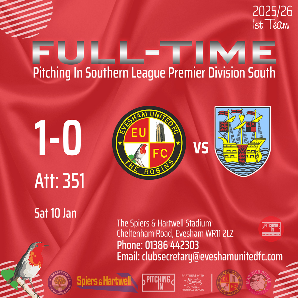 🗣️ ⏱️90’+4 FT: Really competitive match, lots of positives, clean sheet, nice goal from Lewis Middleton made the difference in a good overall team display

⚽️ <a href="/EveshamUnitedFC/">Evesham United FC</a> 1-0 <a href="/theterras/">Weymouth FC</a>
(Middleton 84')
Att: 351
📆 Sat 10 Jan 🏆 <a href="/SouthernLeague1/">The Pitching In Southern Football League</a>

🔴⚪️#TheRobins
