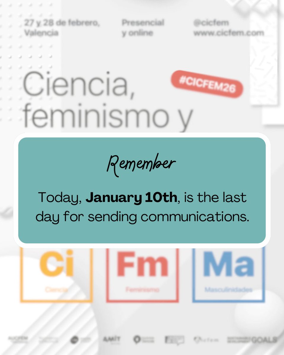 Last chance to submit your paper! The deadline is today, January 10th, at 11:59 PM. cicfem.com 🗓️

February 27th and 28th 
📍Valencia Botanical Garden + online 

Don't miss out on submitting your contribution!