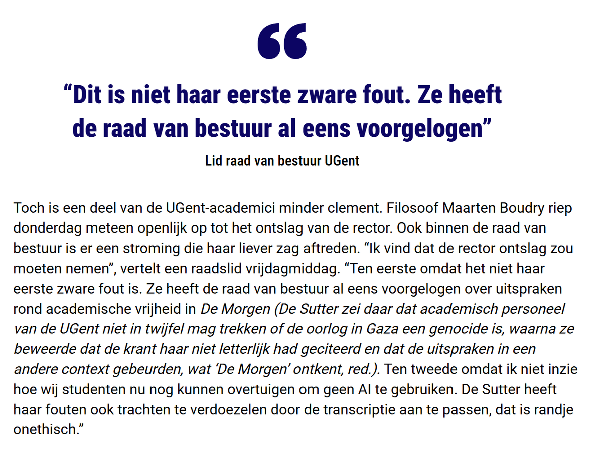 <a href="/ugent/">UGent</a> Blijkbaar waren er toch bij de RvB die haar ontslag eisten: "Ik vind dat de rector ontslag zou moeten nemen. Ten eerste omdat het niet haar eerste zware fout is. Ze heeft de raad van bestuur al eens voorgelogen over uitspraken rond academische vrijheid.”/5 archive.ph/5SoUp
