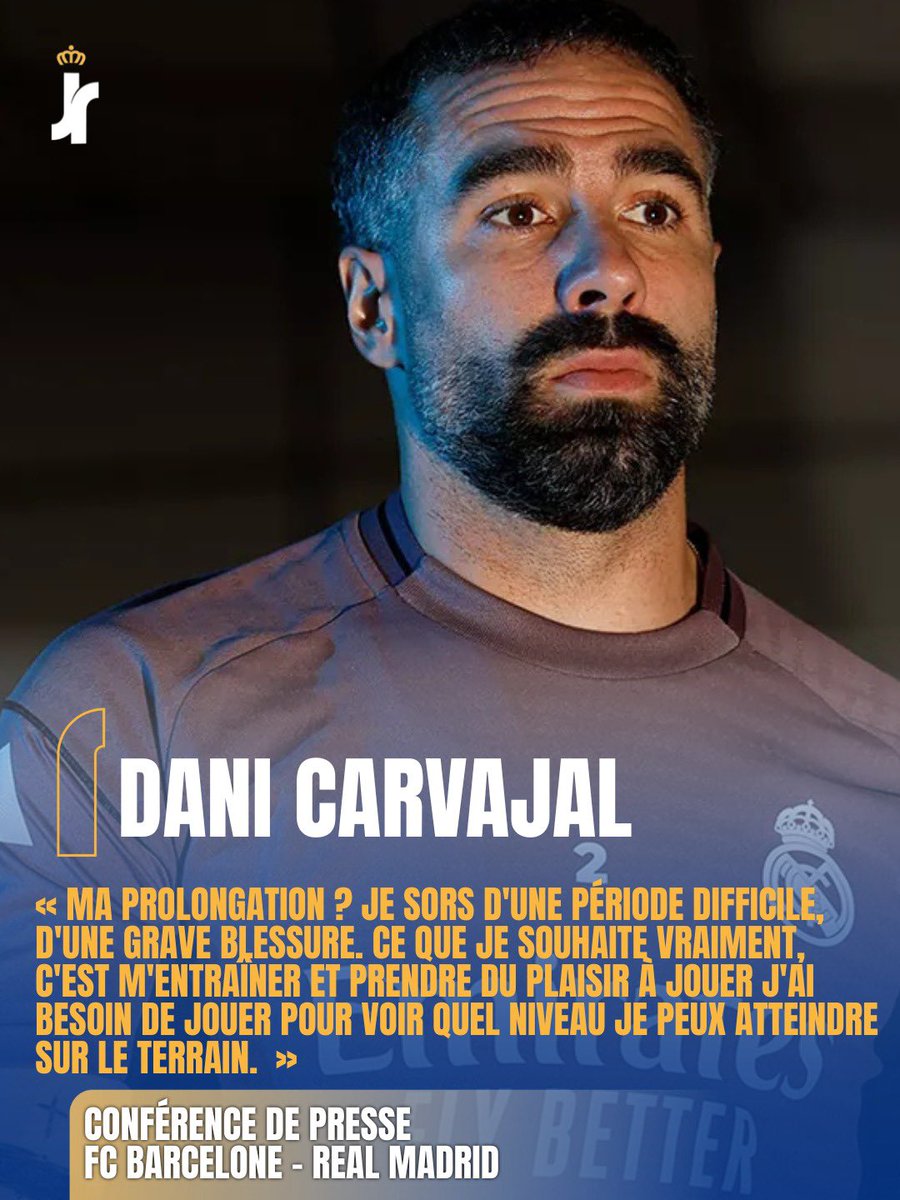 lejournaldureal's tweet photo. 🆕🗞️ Carvajal : « Je veux gagner la finale et égaler le record de Modric »

➡️ Retrouvez la conférence de presse de Dani Carvajal avant la finale de la Supercoupe d’Espagne  traduite en français et disponible ci-dessous ! https://t.co/X82Oi9S0vc