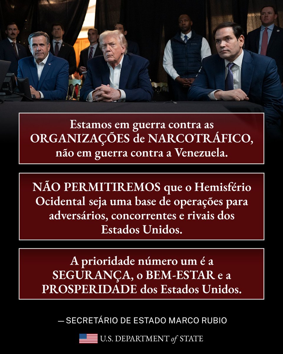 USAemPortugues's tweet image. O presidente Trump está impedindo que o Hemisfério Ocidental se torne um refúgio seguro para traficantes de drogas, grupos apoiados pelo Irã e regimes hostis que ameaçam nossa segurança nacional. 

Os dias de fraqueza acabaram. Usaremos todos os recursos disponíveis para…