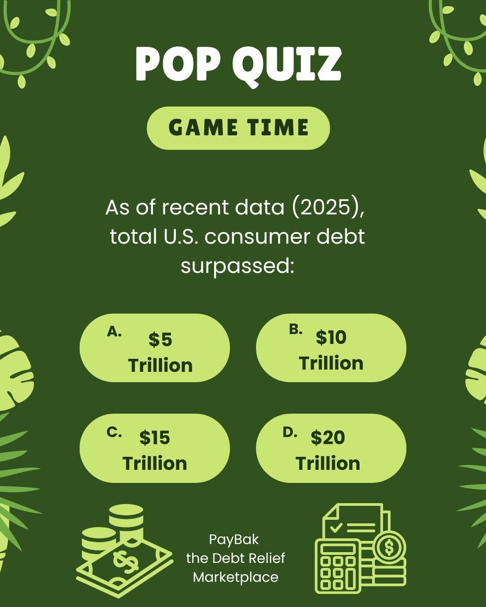 PayBackDebtNow's tweet photo. Pop Quiz! 💰🌟
As of recent 2025 data, total U.S. consumer debt surpassed:

A. $5 Trillion
B. $10 Trillion
C. $15 Trillion
D. $20 Trillion

Comment your answer! 👇 Mind-blowing, right?

#ConsumerDebt #DebtRelief #PayBak #MoneyGoals #QuizTime https://t.co/uuoAdsazup
