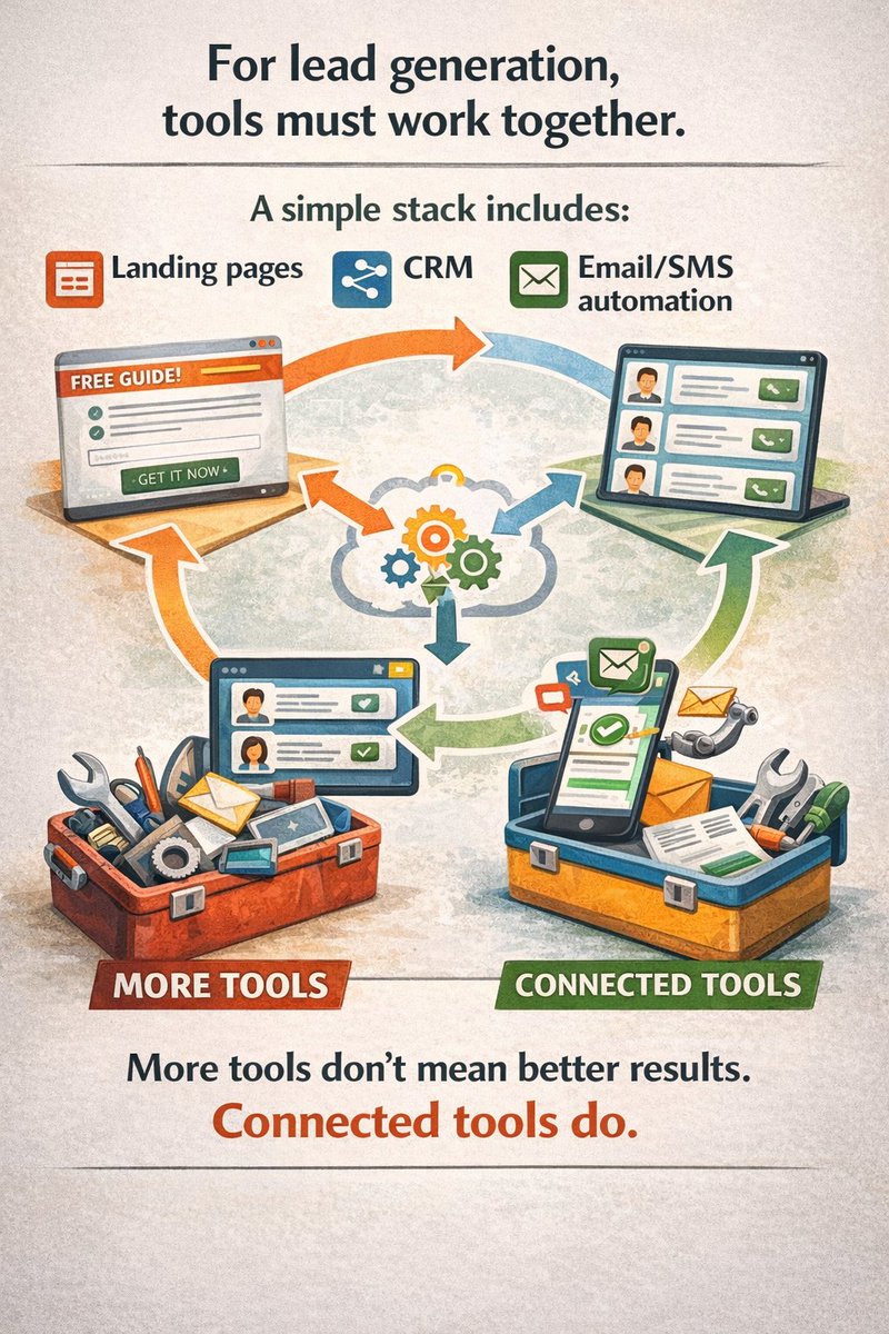 benlytics7's tweet photo. Most lead gen doesn’t fail from bad tools.
It fails from disconnected ones.

A simple stack works:
Landing page → CRM → Email/SMS automation

More tools ≠ better results.
Connected tools do.
#LeadGeneration #LeadGenTools #MarketingTools #SalesTools #BusinessTools #GrowthTools https://t.co/cqsDGoOh9I