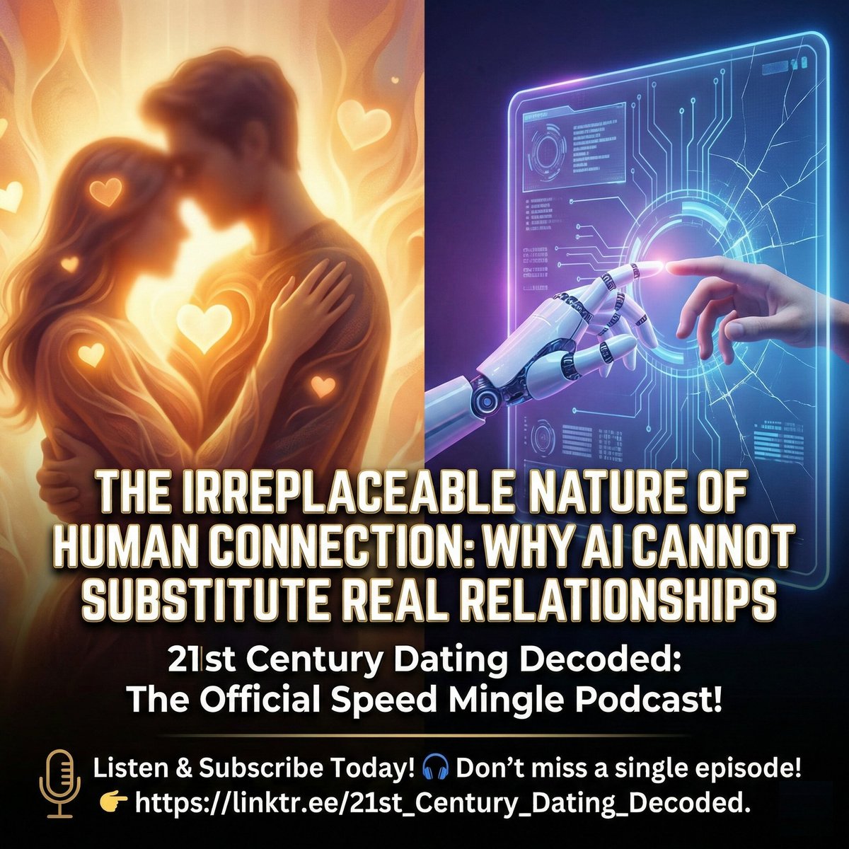 thespeedmingle's tweet image. Can You Code Chemistry?
🤖 vs. ❤️: In a world of AI companions and perfectly curated algorithms, are we forgetting the messy, beautiful magic of real human connection?
Listen &amp;amp; Subscribe Today! 🎧 Don't miss a single episode! 👉 linktr.ee/21st_Century_D…
#SpeedMingle #DatingDecoded