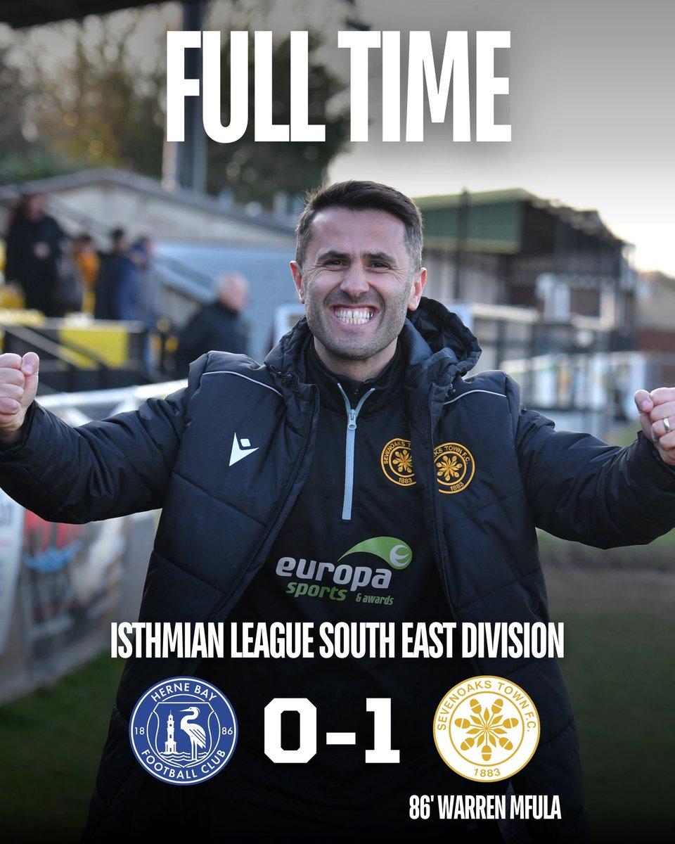 Full time - Herne Bay 0 Sevenoaks Town 1. GET IN THERE! 🤩 Warren Mfula’s 84th minute goal gives us all 3 points and we keep a lovely clean sheet to go with it. 5 wins in a row! 🥳

UP THE OAKS! 🙌

🔵⚫️ | #Sevenoaks #STFC