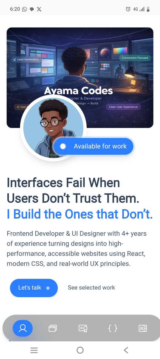 AyamaCodes's tweet photo. After countless hours of iteration and hating myself, I've decided to push myself to publish it even though it not perfect, ladies and gentle ui engineers my portfolio🕴️
Feedback are welcomed.
Visit here: https://t.co/urYKxo3OeR https://t.co/IZr2aq7NrC