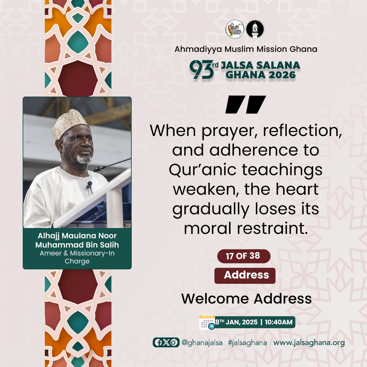 Welcome Address by Ameer and Missionary-in-charge Ghana Alhaj Maulvi Noor Mohammed Bin Salih.

#JalsaSalana
#GhanaJalsa
#JalsaConnect
#Ahmadiyya
#alislam
<a href="/AhmadiyyaGhana/">Ahmadiyya Ghana 🇬🇭</a>

Visit us at jalsaghana.org