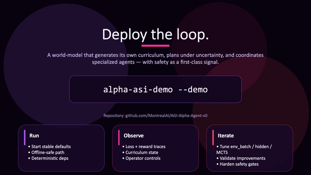 agialphaagent's tweet image. [ 🔱 META-AGENTIC α‑AGI 👁️✨ ]

α-ASI World-Model Demo

"Self‑improving curriculum engine + MuZero‑style learner, orchestrating agents through a single operational loop."

Deck : github.com/MontrealAI/AGI…

Reading : chatgpt.com/s/dr_696286aab…

#AGIFirst #AGIALPHA #Superintelligence