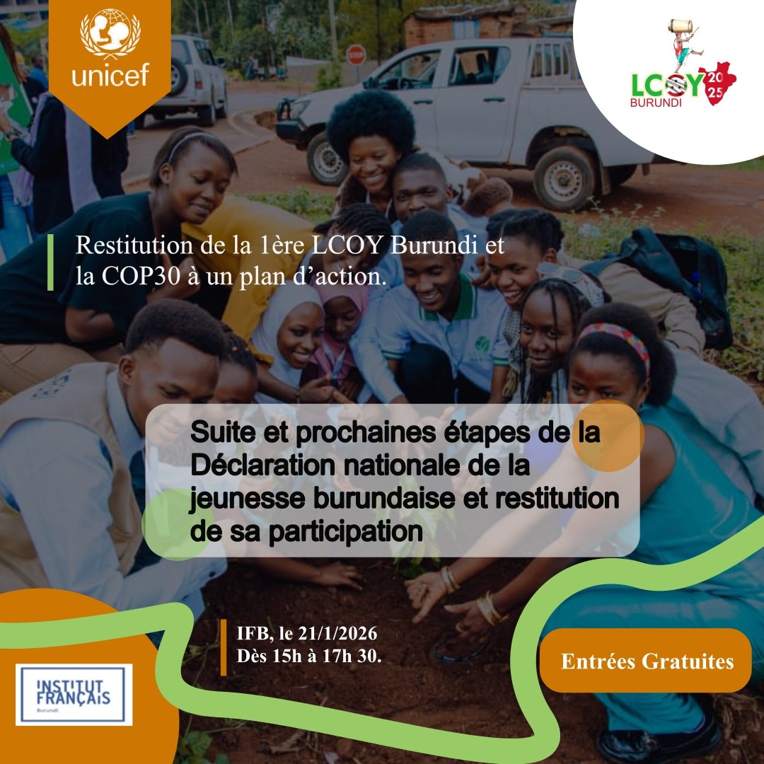 Nous vous invitons à une restitution de la 𝐋𝐂𝐎𝐘 𝐁𝐮𝐫𝐮𝐧𝐝𝐢 𝐞𝐭 𝐝𝐞 𝐥𝐚 𝐂𝐎𝐏𝟑𝟎, un espace de partage, de réflexion et de construction collective autour du 𝐍𝐚𝐭𝐢𝐨𝐧𝐚𝐥 𝐘𝐨𝐮𝐭𝐡 𝐒𝐭𝐚𝐭𝐞𝐦𝐞𝐧𝐭 (𝐃𝐞́𝐜𝐥𝐚𝐫𝐚𝐭𝐢𝐨𝐧 𝐝𝐞 𝐥𝐚 𝐉𝐞𝐮𝐧𝐞𝐬𝐬𝐞