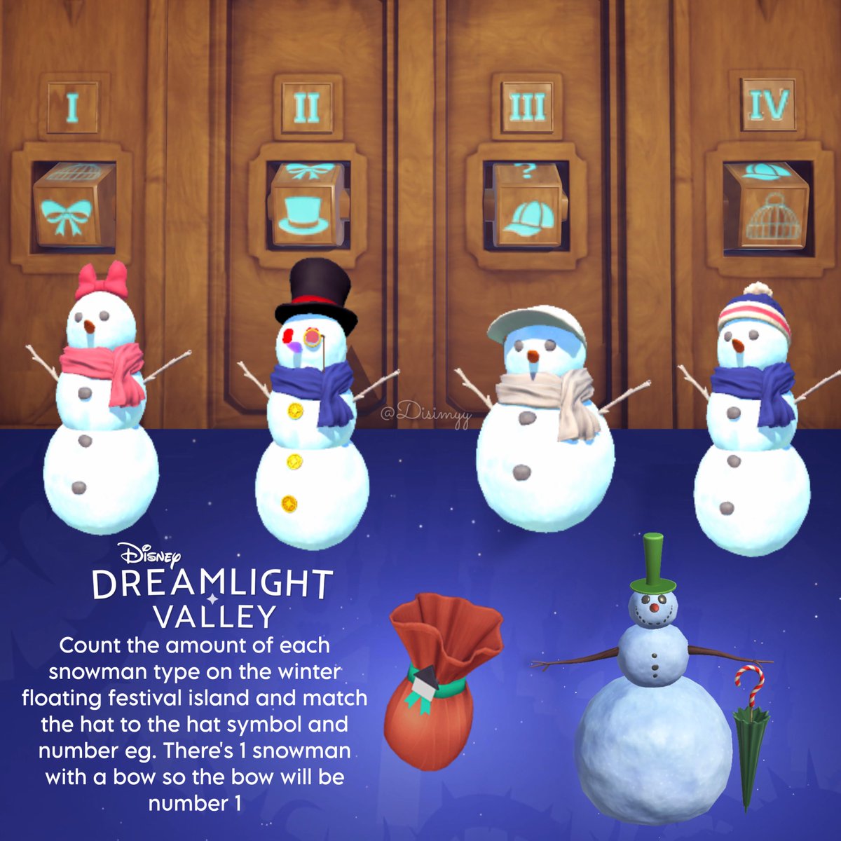 Disimyy's tweet image. ☃️Winter Floating Festival Puzzle☃️

Count the amount of each snowmen type on the island &amp;amp; match their hat to the symbol &amp;amp; number to receive the Dapper Snowman decor reward #DisneyDreamlightValley