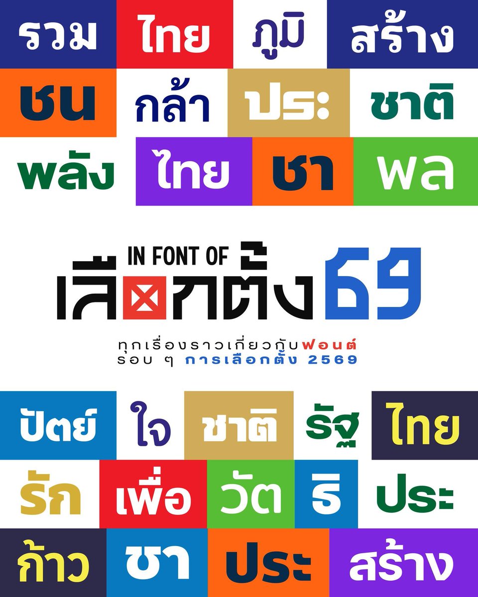 เห็นในเฟสแล้วอยากช่วยแชร์ 
เพจ In font of <a href="/infontofth/">In Font Of</a> กำลังทำซีรีส์ #infontofเลือกตั้ง69 คอนเทนต์เกี่ยวกับการเลือกตั้ง 2569 แต่จะโฟกัสที่หมวดหมู่ที่เกี่ยวข้องกับ "ฟอนต์" โดยเฉพาะ 

เพราะตัวอักษรเป็นส่วนประกอบหลักอันนึงที่ขาดไม่ได้ในการสื่อสารเสมอ ไม่ว่าจะแสดงอัตลักษณ์