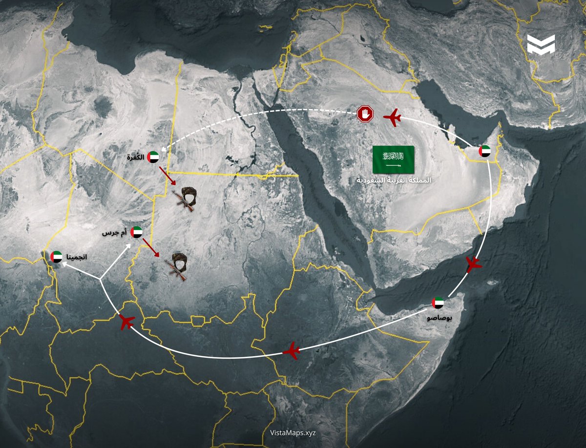 منذ خمسة أيام توقفت طائرات العتاد والأسلحة الإماراتية المتجهة إلى مليشيا الدعم السريع في السودان عن استخدام المسار الجوي المار فوق السعودية نحو ليبيا (الكفرة)، في أطول انقطاع لهذا الخط الذي لم يكن يتجاوز يومين حتى في أسوأ الظروف.
واتجهت الطائرات إلى مسار بديل عبر بوصاصو ثم مطارات
