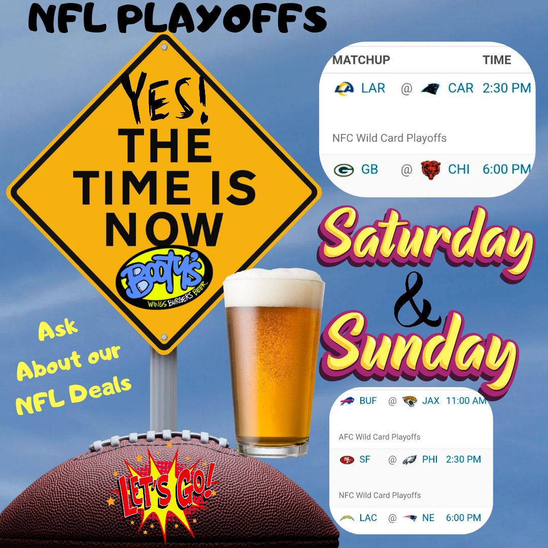 bootyswings's tweet image. NFL PLAYOFFS ARE HERE! 🏈
This weekend is stacked with wild card action! Catch all the games at any of our 3 Booty's locations with ice-cold beer, unbeatable wings, and juicy burgers.
📍 All 3 locations ready for game day
🍺 Ask about our NFL specials
Where will YOU be watching?