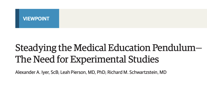 leah_pierson's tweet photo. Medical education keeps swinging between reforms and reversals—pass/fail vs tiered grades, condensed vs extended pre-clerkship, more vs less restricted duty hours—largely because we lack good evidence about what actually works. Our piece in @JAMAInternalMed argues for a better path forward.

In clinical medicine, we strive for robust experimental evidence to guide care. We should hold medical education to a similar standard because the care patients receive depends on how well we train physicians. Yet fewer than 1 in 5 medical education studies are experimental, and most have significant limitations.

We need randomized trials in medical education. Conducting these is feasible and ethical; for instance, medical schools already randomly assign students to sites, clerkship sequences, and so on. We should leverage this randomization to generate reliable evidence about what works. 

Full piece: https://t.co/CROnfm0K9H
