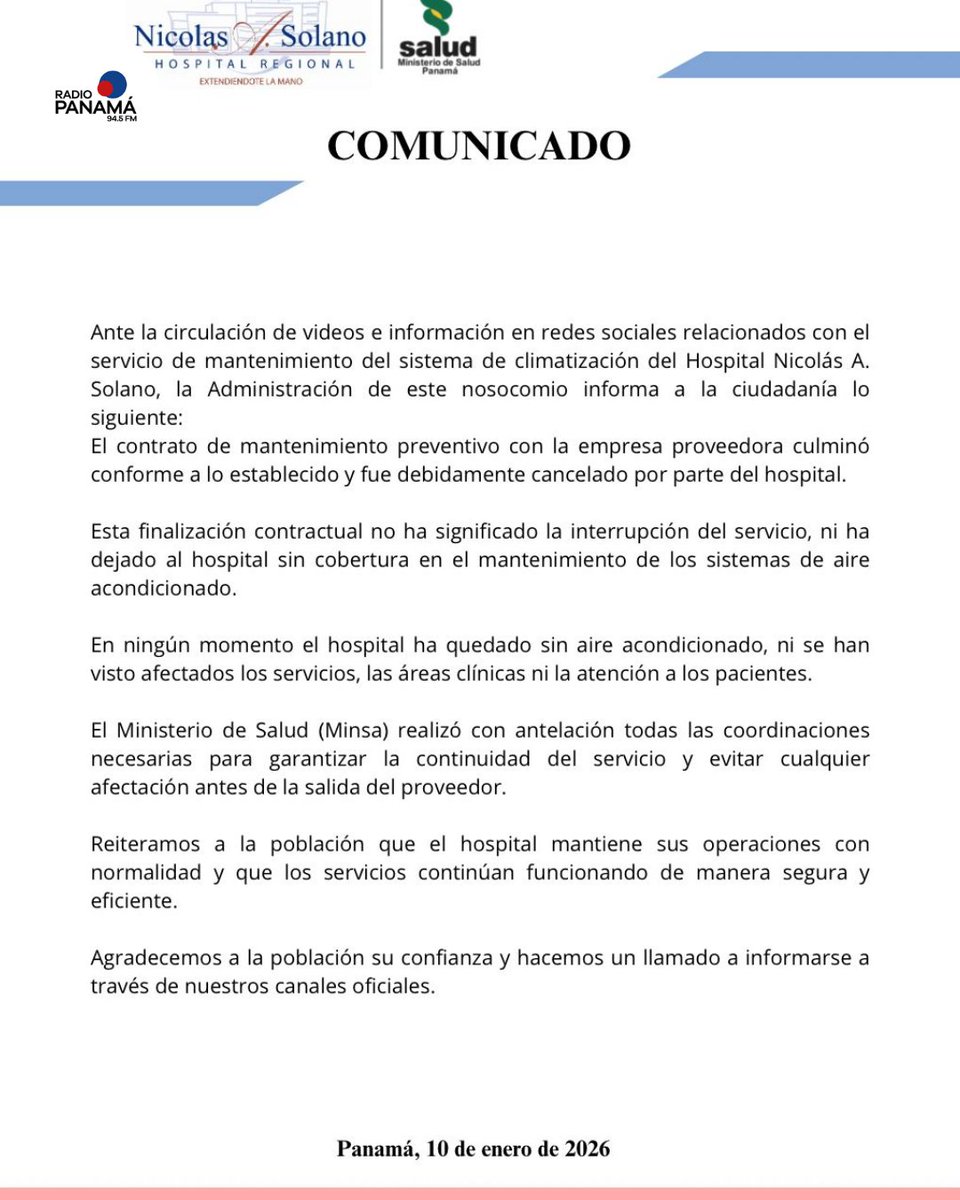 PanamáOeste | La administración del Hospital Regional Nicolás A. Solano,  junto al Ministerio de Salud, informó que la finalización del contrato de  mantenimiento preventivo del sistema de climatización no ha afectado la