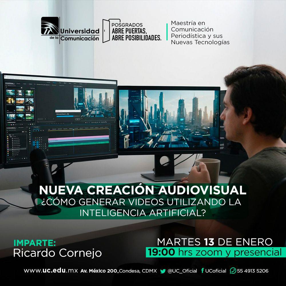 🚀🎬 Aprendan a crear videos con Inteligencia Artificial 

Conozcan cómo la IA está revolucionando la creación audiovisual y aprendan a usar herramientas accesibles, sin necesidad de experiencia previa.

🗓️ 13 de enero | ⏰ 19:00
📍 Zoom y en la <a href="/UC_oficial/">Universidad de la Comunicación</a>  | 🎟️ Entrada libre
