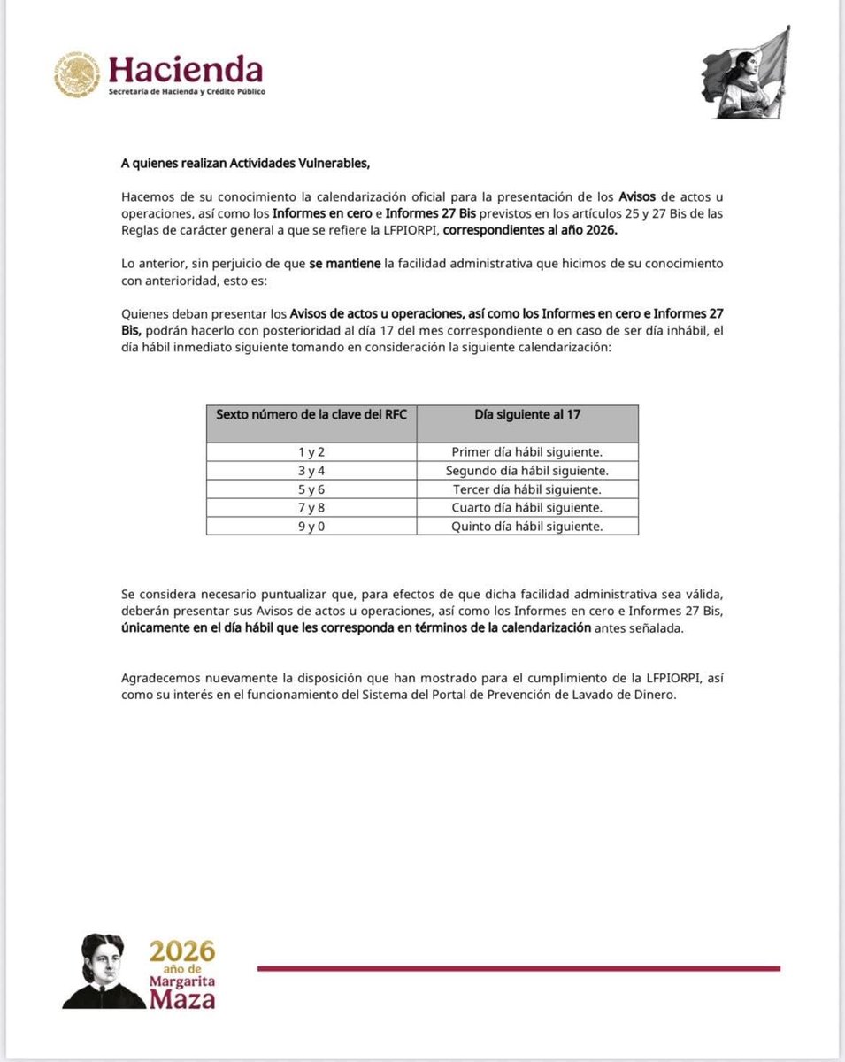 TaxpertsMx's tweet photo. Calendario de presentación de Avisos LFPIORPI
.
#LFPIORPI #SHCP #SPPLD https://t.co/USYuIMudFE